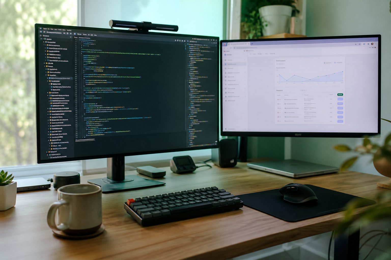 Escritorio de desarrollo con monitores, código y teclado